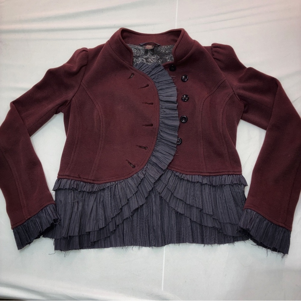 Free People Maroon and Charcoal Ruffle Blazer Size 6